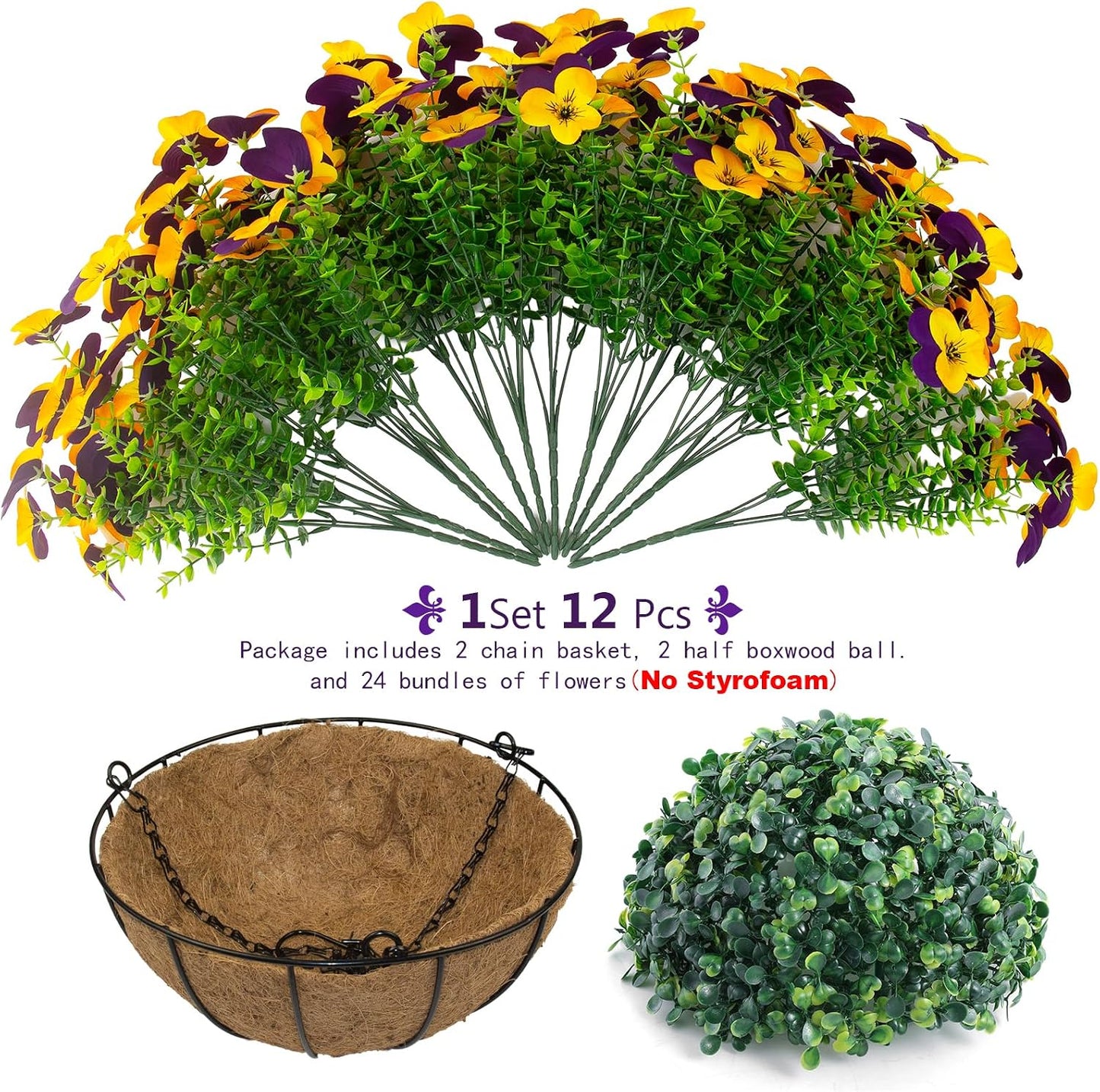 2 Set Artificial Outdoor Pansies Flowers with Hanging Baskets, 2 Hanging Planters with 24 Pcs Silk Pansy Flowers for Spring Easter Decorations Porch Patio Home Decor (2, Purple, Yellow)