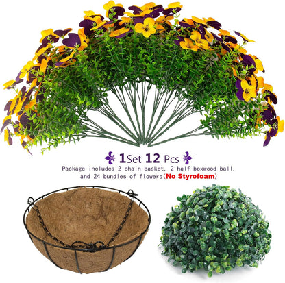 2 Set Artificial Outdoor Pansies Flowers with Hanging Baskets, 2 Hanging Planters with 24 Pcs Silk Pansy Flowers for Spring Easter Decorations Porch Patio Home Decor (2, Purple, Yellow)