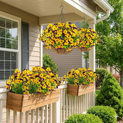 2 Set Artificial Outdoor Pansies Flowers with Hanging Baskets, 2 Hanging Planters with 24 Pcs Silk Pansy Flowers for Spring Easter Decorations Porch Patio Home Decor (2, Purple, Yellow)