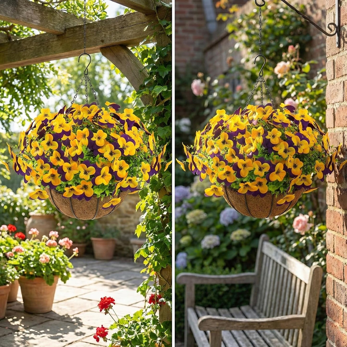 2 Set Artificial Outdoor Pansies Flowers with Hanging Baskets, 2 Hanging Planters with 24 Pcs Silk Pansy Flowers for Spring Easter Decorations Porch Patio Home Decor (2, Purple, Yellow)