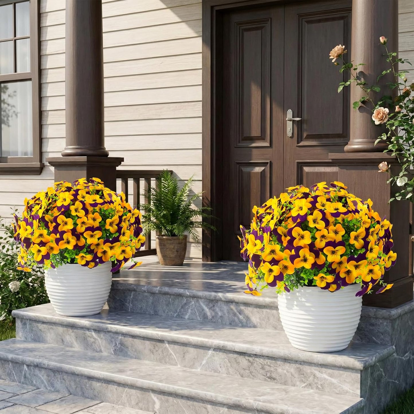 2 Set Artificial Outdoor Pansies Flowers with Hanging Baskets, 2 Hanging Planters with 24 Pcs Silk Pansy Flowers for Spring Easter Decorations Porch Patio Home Decor (2, Purple, Yellow)