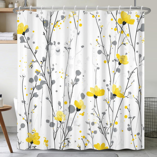 71″ x 74″ Watercolor Botanical Floral Shower Curtain with Hooks – Yellow & Grey Flower Print Waterproof Fabric Bath Tub Curtain for Farmhouse, Contemporary Style Barthroom Decor