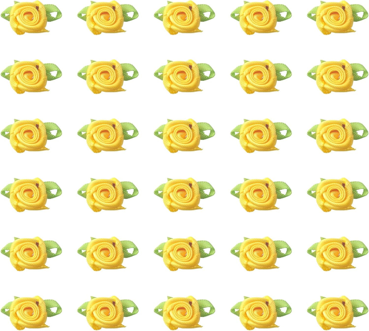 50 Pcs Satin Roses with Green Leaves for DIY Crafting Sewing(Yellow) | Mini Cute Ribbon Bows Fabric Artificial Flower Supplies Ornament Applique for Wrapping Wedding Halloween Decoration