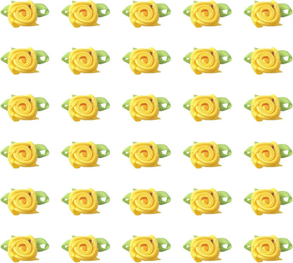 50 Pcs Satin Roses with Green Leaves for DIY Crafting Sewing(Yellow) | Mini Cute Ribbon Bows Fabric Artificial Flower Supplies Ornament Applique for Wrapping Wedding Halloween Decoration