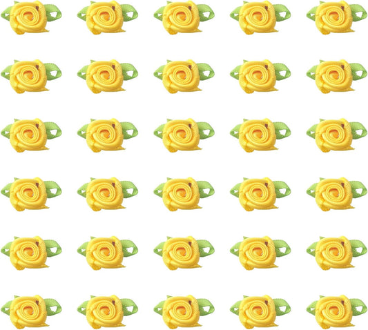 50 Pcs Satin Roses with Green Leaves for DIY Crafting Sewing(Yellow) | Mini Cute Ribbon Bows Fabric Artificial Flower Supplies Ornament Applique for Wrapping Wedding Halloween Decoration