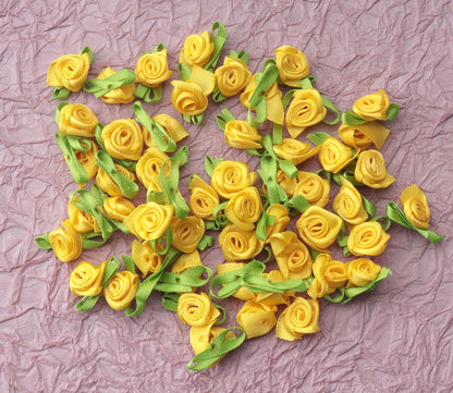 50 Pcs Satin Roses with Green Leaves for DIY Crafting Sewing(Yellow) | Mini Cute Ribbon Bows Fabric Artificial Flower Supplies Ornament Applique for Wrapping Wedding Halloween Decoration