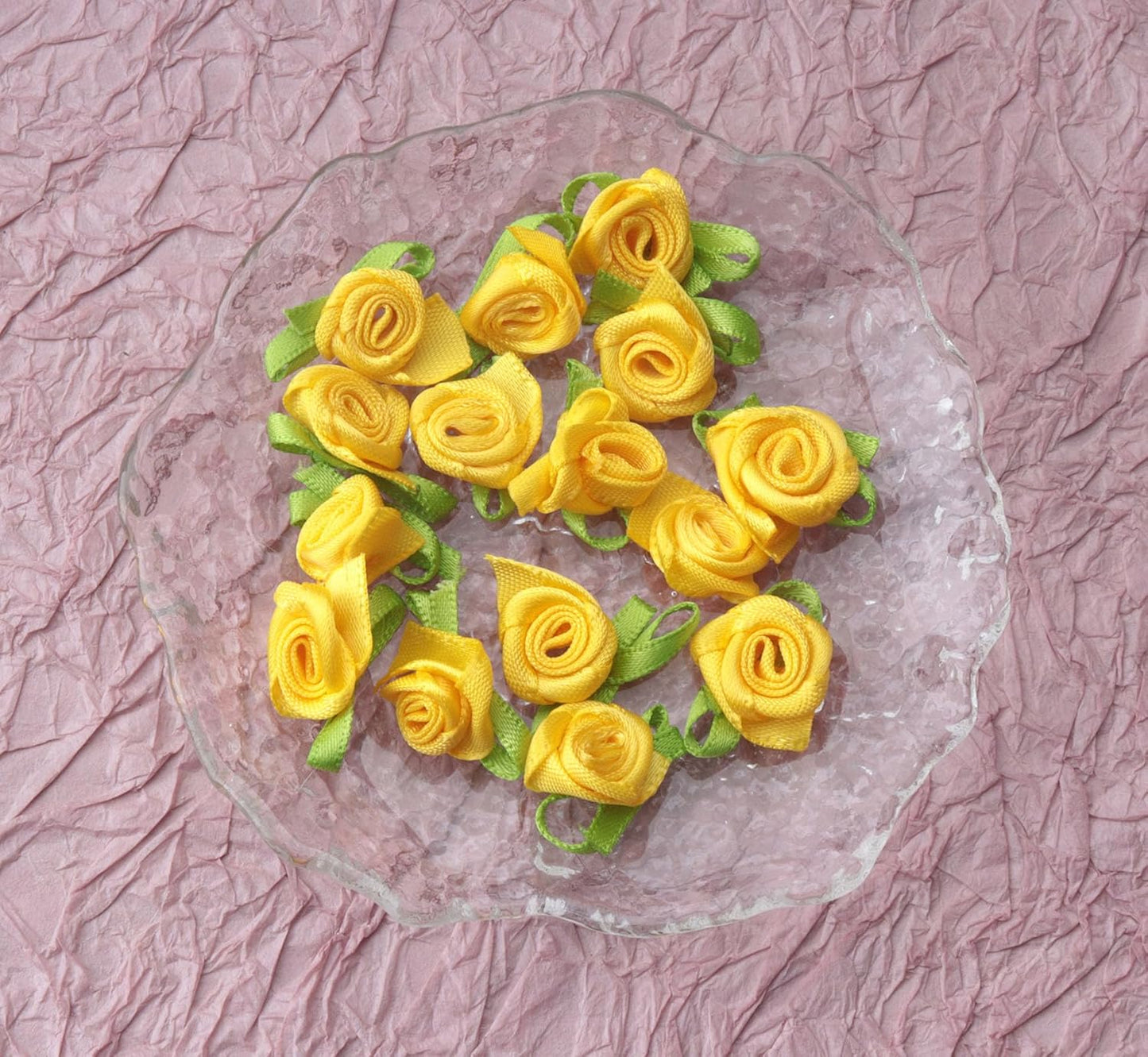 50 Pcs Satin Roses with Green Leaves for DIY Crafting Sewing(Yellow) | Mini Cute Ribbon Bows Fabric Artificial Flower Supplies Ornament Applique for Wrapping Wedding Halloween Decoration