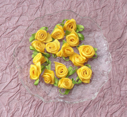 50 Pcs Satin Roses with Green Leaves for DIY Crafting Sewing(Yellow) | Mini Cute Ribbon Bows Fabric Artificial Flower Supplies Ornament Applique for Wrapping Wedding Halloween Decoration