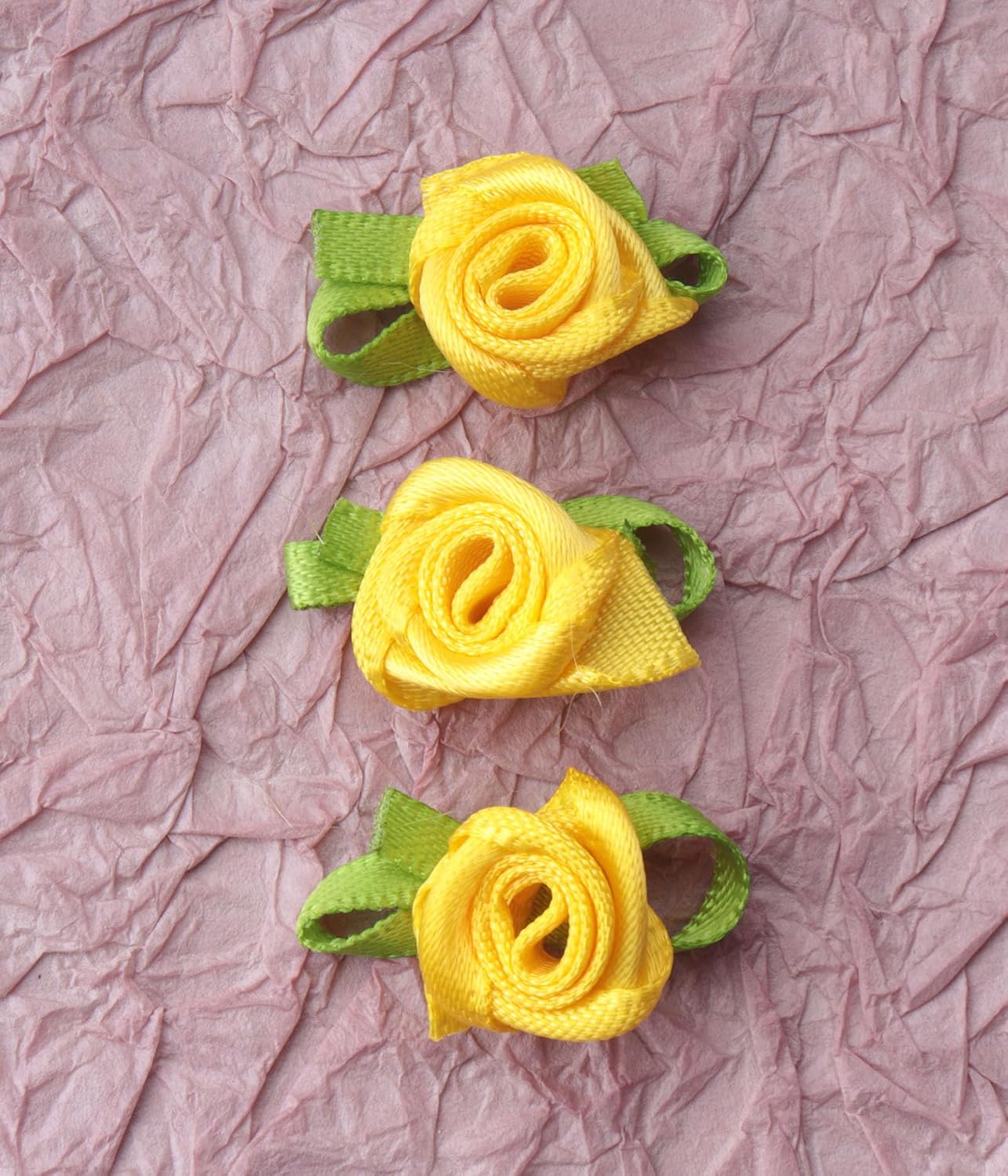 50 Pcs Satin Roses with Green Leaves for DIY Crafting Sewing(Yellow) | Mini Cute Ribbon Bows Fabric Artificial Flower Supplies Ornament Applique for Wrapping Wedding Halloween Decoration