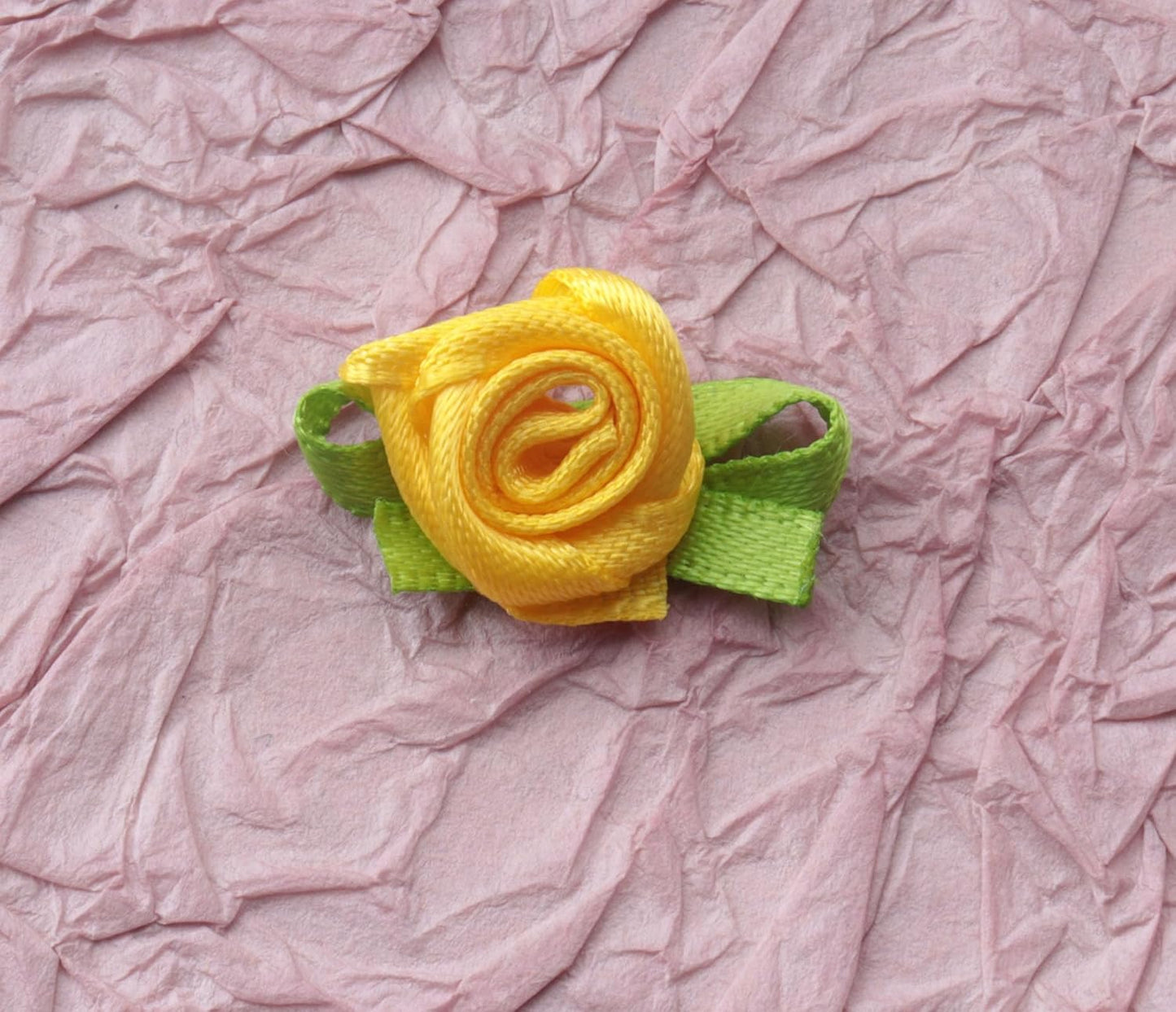 50 Pcs Satin Roses with Green Leaves for DIY Crafting Sewing(Yellow) | Mini Cute Ribbon Bows Fabric Artificial Flower Supplies Ornament Applique for Wrapping Wedding Halloween Decoration