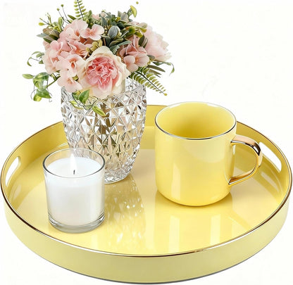 Decorative Tray, Round Plastic Tray with Handles, Modern Vanity Tray and Serving Tray for Ottoman, Coffee Table, Kitchen and Bathroom, Size 13” (Light Yellow)