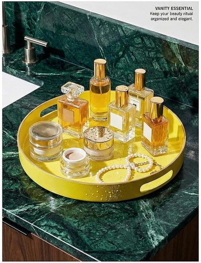 Decorative Tray, Round Plastic Tray with Handles, Modern Vanity Tray and Serving Tray for Ottoman, Coffee Table, Kitchen and Bathroom, Size 13” (Light Yellow)