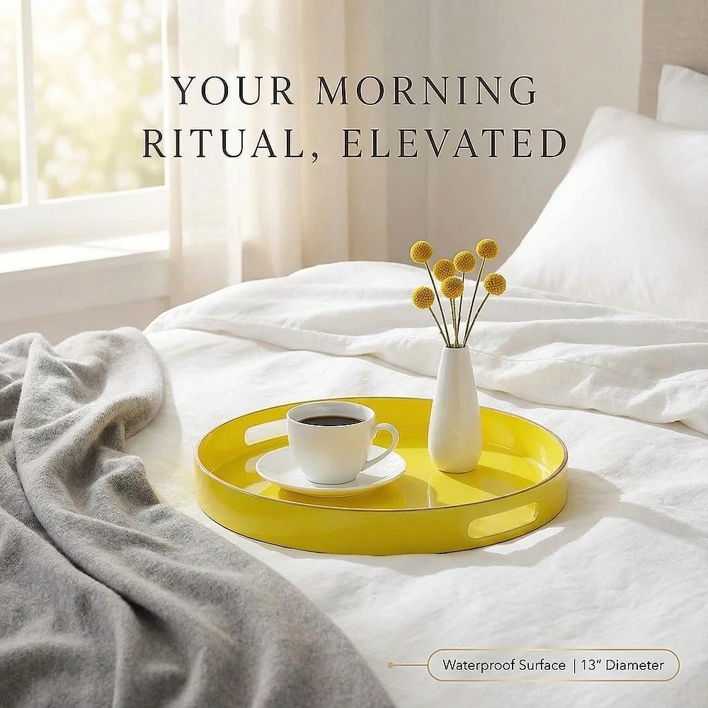 Decorative Tray, Round Plastic Tray with Handles, Modern Vanity Tray and Serving Tray for Ottoman, Coffee Table, Kitchen and Bathroom, Size 13” (Light Yellow)