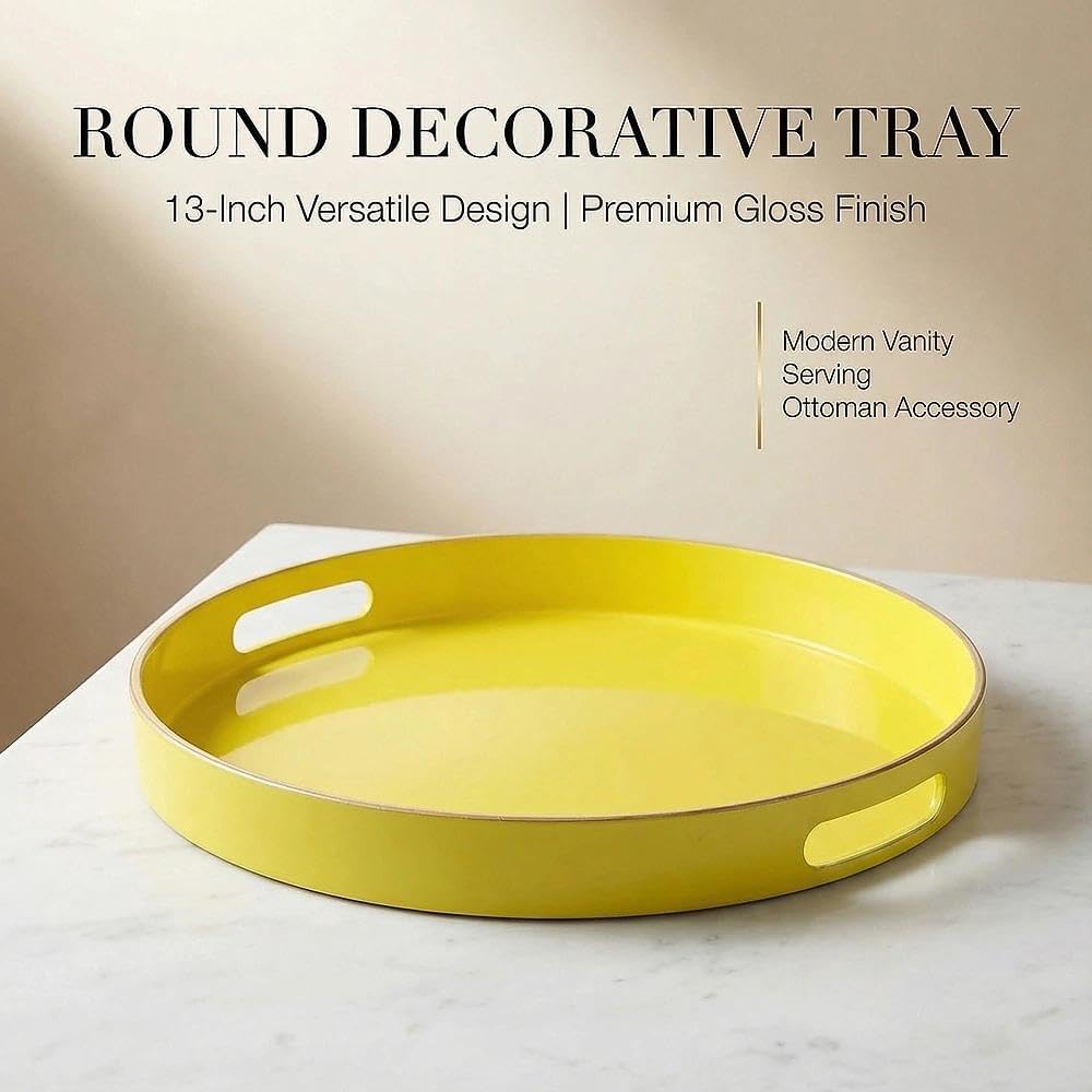 Decorative Tray, Round Plastic Tray with Handles, Modern Vanity Tray and Serving Tray for Ottoman, Coffee Table, Kitchen and Bathroom, Size 13” (Light Yellow)