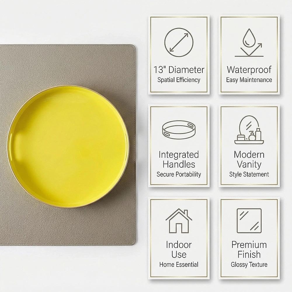 Decorative Tray, Round Plastic Tray with Handles, Modern Vanity Tray and Serving Tray for Ottoman, Coffee Table, Kitchen and Bathroom, Size 13” (Light Yellow)