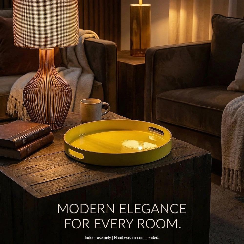Decorative Tray, Round Plastic Tray with Handles, Modern Vanity Tray and Serving Tray for Ottoman, Coffee Table, Kitchen and Bathroom, Size 13” (Light Yellow)