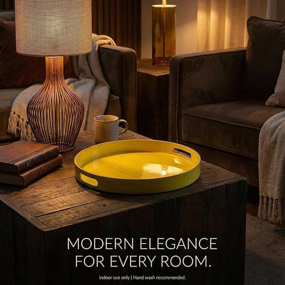 Decorative Tray, Round Plastic Tray with Handles, Modern Vanity Tray and Serving Tray for Ottoman, Coffee Table, Kitchen and Bathroom, Size 13” (Light Yellow)