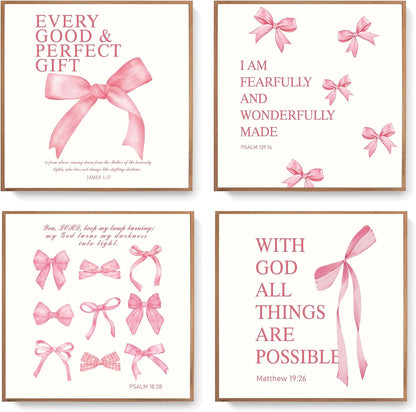 Coquette Yellow Bow Wall Art Decor Posters, Butter Yellow Bow Room Bedroom Bathroom Dorm Wall Art Decor Aesthetic for College Teen Girls Gifts, Inspirational Bible Verses Bow Wall Decor, 10x8 Inch Set of 4 Pcs Bow Pictures (UNFRAMED)