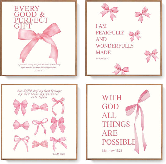 Coquette Yellow Bow Wall Art Decor Posters, Butter Yellow Bow Room Bedroom Bathroom Dorm Wall Art Decor Aesthetic for College Teen Girls Gifts, Inspirational Bible Verses Bow Wall Decor, 10x8 Inch Set of 4 Pcs Bow Pictures (UNFRAMED)