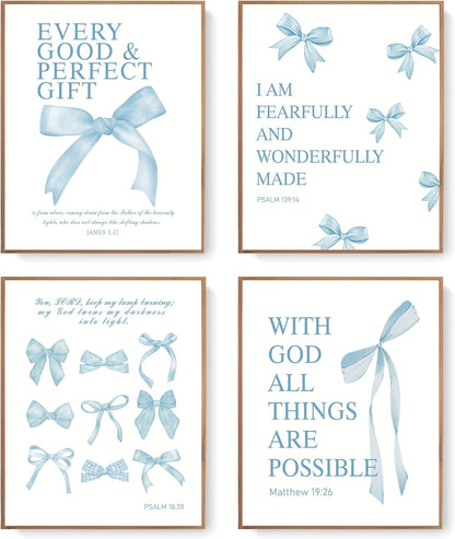 Coquette Yellow Bow Wall Art Decor Posters, Butter Yellow Bow Room Bedroom Bathroom Dorm Wall Art Decor Aesthetic for College Teen Girls Gifts, Inspirational Bible Verses Bow Wall Decor, 10x8 Inch Set of 4 Pcs Bow Pictures (UNFRAMED)