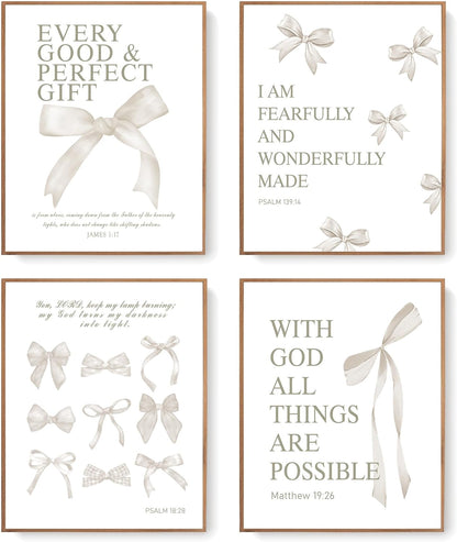 Coquette Yellow Bow Wall Art Decor Posters, Butter Yellow Bow Room Bedroom Bathroom Dorm Wall Art Decor Aesthetic for College Teen Girls Gifts, Inspirational Bible Verses Bow Wall Decor, 10x8 Inch Set of 4 Pcs Bow Pictures (UNFRAMED)