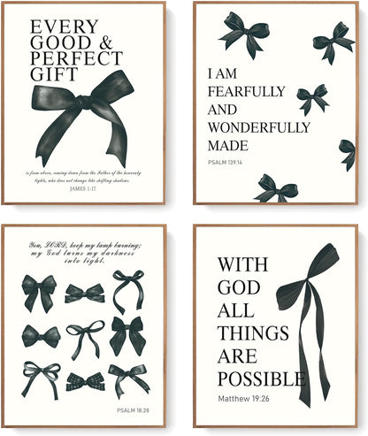 Coquette Yellow Bow Wall Art Decor Posters, Butter Yellow Bow Room Bedroom Bathroom Dorm Wall Art Decor Aesthetic for College Teen Girls Gifts, Inspirational Bible Verses Bow Wall Decor, 10x8 Inch Set of 4 Pcs Bow Pictures (UNFRAMED)