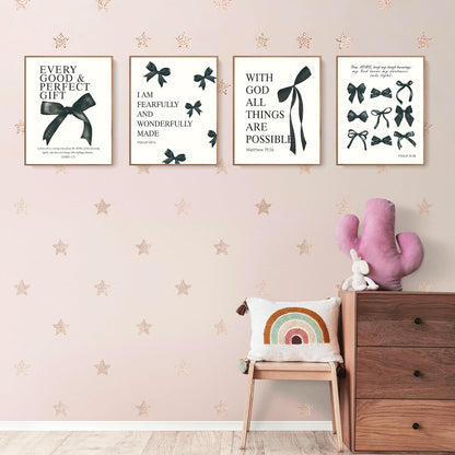 Coquette Yellow Bow Wall Art Decor Posters, Butter Yellow Bow Room Bedroom Bathroom Dorm Wall Art Decor Aesthetic for College Teen Girls Gifts, Inspirational Bible Verses Bow Wall Decor, 10x8 Inch Set of 4 Pcs Bow Pictures (UNFRAMED)