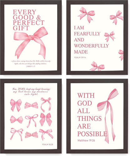 Coquette Yellow Bow Wall Art Decor Posters, Butter Yellow Bow Room Bedroom Bathroom Dorm Wall Art Decor Aesthetic for College Teen Girls Gifts, Inspirational Bible Verses Bow Wall Decor, 10x8 Inch Set of 4 Pcs Bow Pictures (UNFRAMED)