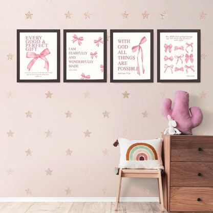 Coquette Yellow Bow Wall Art Decor Posters, Butter Yellow Bow Room Bedroom Bathroom Dorm Wall Art Decor Aesthetic for College Teen Girls Gifts, Inspirational Bible Verses Bow Wall Decor, 10x8 Inch Set of 4 Pcs Bow Pictures (UNFRAMED)