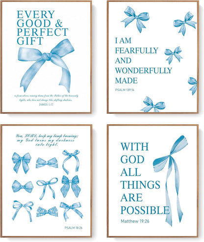 Coquette Yellow Bow Wall Art Decor Posters, Butter Yellow Bow Room Bedroom Bathroom Dorm Wall Art Decor Aesthetic for College Teen Girls Gifts, Inspirational Bible Verses Bow Wall Decor, 10x8 Inch Set of 4 Pcs Bow Pictures (UNFRAMED)