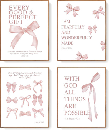 Coquette Yellow Bow Wall Art Decor Posters, Butter Yellow Bow Room Bedroom Bathroom Dorm Wall Art Decor Aesthetic for College Teen Girls Gifts, Inspirational Bible Verses Bow Wall Decor, 10x8 Inch Set of 4 Pcs Bow Pictures (UNFRAMED)
