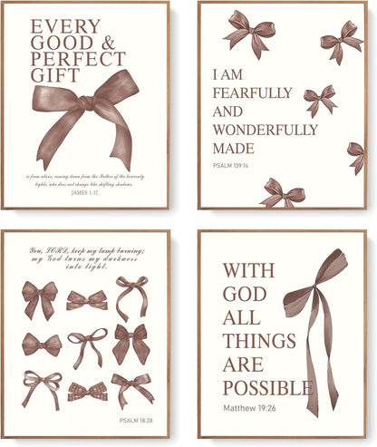 Coquette Yellow Bow Wall Art Decor Posters, Butter Yellow Bow Room Bedroom Bathroom Dorm Wall Art Decor Aesthetic for College Teen Girls Gifts, Inspirational Bible Verses Bow Wall Decor, 10x8 Inch Set of 4 Pcs Bow Pictures (UNFRAMED)