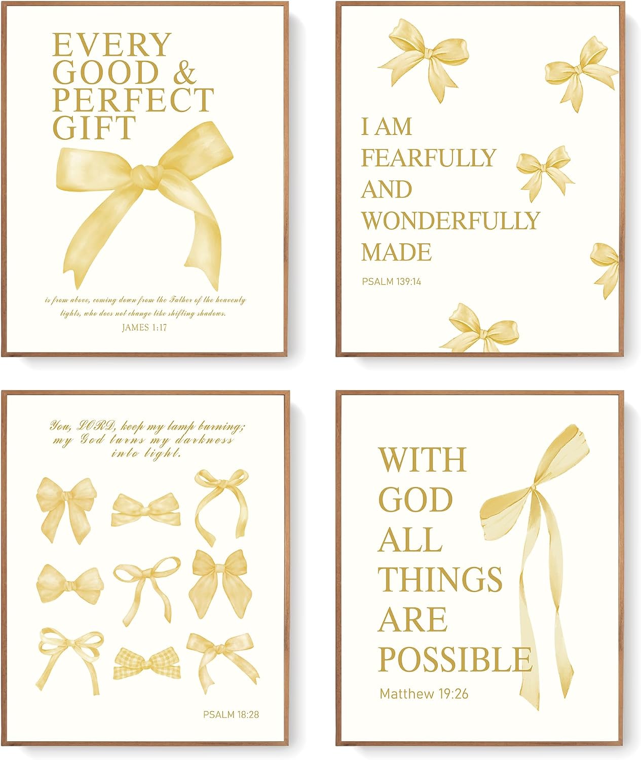 Coquette Yellow Bow Wall Art Decor Posters, Butter Yellow Bow Room Bedroom Bathroom Dorm Wall Art Decor Aesthetic for College Teen Girls Gifts, Inspirational Bible Verses Bow Wall Decor, 10x8 Inch Set of 4 Pcs Bow Pictures (UNFRAMED)