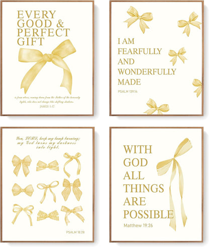 Coquette Yellow Bow Wall Art Decor Posters, Butter Yellow Bow Room Bedroom Bathroom Dorm Wall Art Decor Aesthetic for College Teen Girls Gifts, Inspirational Bible Verses Bow Wall Decor, 10x8 Inch Set of 4 Pcs Bow Pictures (UNFRAMED)