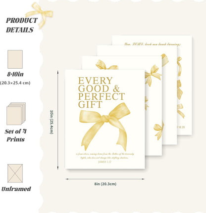 Coquette Yellow Bow Wall Art Decor Posters, Butter Yellow Bow Room Bedroom Bathroom Dorm Wall Art Decor Aesthetic for College Teen Girls Gifts, Inspirational Bible Verses Bow Wall Decor, 10x8 Inch Set of 4 Pcs Bow Pictures (UNFRAMED)