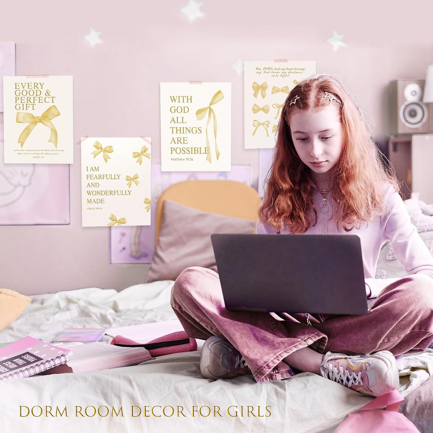 Coquette Yellow Bow Wall Art Decor Posters, Butter Yellow Bow Room Bedroom Bathroom Dorm Wall Art Decor Aesthetic for College Teen Girls Gifts, Inspirational Bible Verses Bow Wall Decor, 10x8 Inch Set of 4 Pcs Bow Pictures (UNFRAMED)