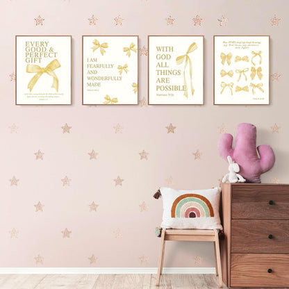 Coquette Yellow Bow Wall Art Decor Posters, Butter Yellow Bow Room Bedroom Bathroom Dorm Wall Art Decor Aesthetic for College Teen Girls Gifts, Inspirational Bible Verses Bow Wall Decor, 10x8 Inch Set of 4 Pcs Bow Pictures (UNFRAMED)