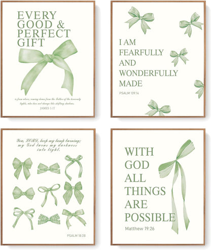 Coquette Yellow Bow Wall Art Decor Posters, Butter Yellow Bow Room Bedroom Bathroom Dorm Wall Art Decor Aesthetic for College Teen Girls Gifts, Inspirational Bible Verses Bow Wall Decor, 10x8 Inch Set of 4 Pcs Bow Pictures (UNFRAMED)