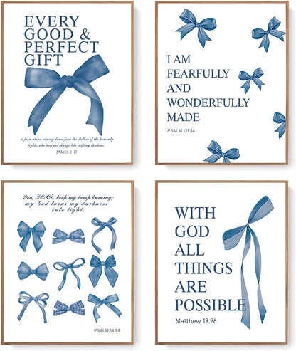 Coquette Yellow Bow Wall Art Decor Posters, Butter Yellow Bow Room Bedroom Bathroom Dorm Wall Art Decor Aesthetic for College Teen Girls Gifts, Inspirational Bible Verses Bow Wall Decor, 10x8 Inch Set of 4 Pcs Bow Pictures (UNFRAMED)