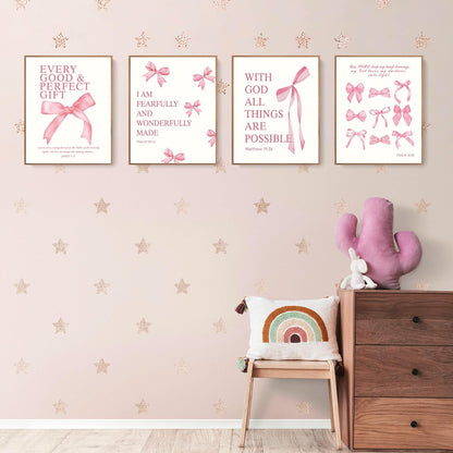 Coquette Yellow Bow Wall Art Decor Posters, Butter Yellow Bow Room Bedroom Bathroom Dorm Wall Art Decor Aesthetic for College Teen Girls Gifts, Inspirational Bible Verses Bow Wall Decor, 10x8 Inch Set of 4 Pcs Bow Pictures (UNFRAMED)