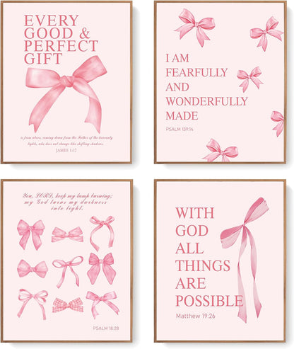 Coquette Yellow Bow Wall Art Decor Posters, Butter Yellow Bow Room Bedroom Bathroom Dorm Wall Art Decor Aesthetic for College Teen Girls Gifts, Inspirational Bible Verses Bow Wall Decor, 10x8 Inch Set of 4 Pcs Bow Pictures (UNFRAMED)