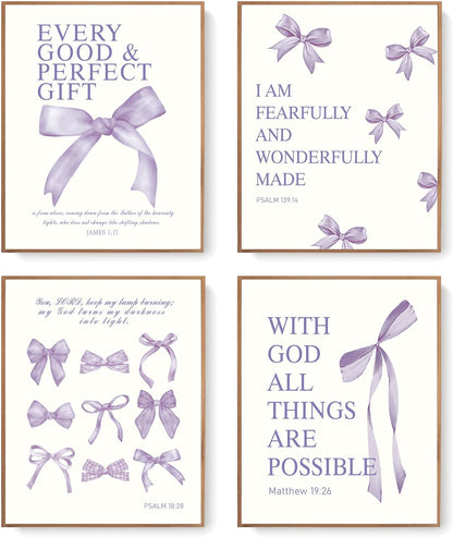 Coquette Yellow Bow Wall Art Decor Posters, Butter Yellow Bow Room Bedroom Bathroom Dorm Wall Art Decor Aesthetic for College Teen Girls Gifts, Inspirational Bible Verses Bow Wall Decor, 10x8 Inch Set of 4 Pcs Bow Pictures (UNFRAMED)