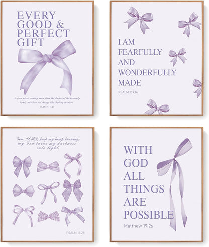 Coquette Yellow Bow Wall Art Decor Posters, Butter Yellow Bow Room Bedroom Bathroom Dorm Wall Art Decor Aesthetic for College Teen Girls Gifts, Inspirational Bible Verses Bow Wall Decor, 10x8 Inch Set of 4 Pcs Bow Pictures (UNFRAMED)