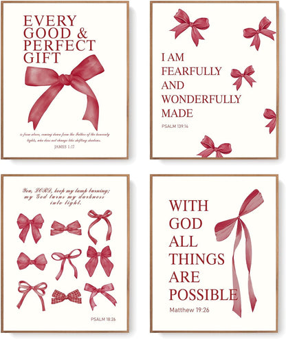 Coquette Yellow Bow Wall Art Decor Posters, Butter Yellow Bow Room Bedroom Bathroom Dorm Wall Art Decor Aesthetic for College Teen Girls Gifts, Inspirational Bible Verses Bow Wall Decor, 10x8 Inch Set of 4 Pcs Bow Pictures (UNFRAMED)
