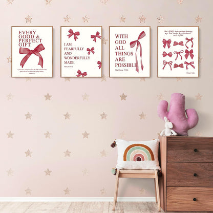 Coquette Yellow Bow Wall Art Decor Posters, Butter Yellow Bow Room Bedroom Bathroom Dorm Wall Art Decor Aesthetic for College Teen Girls Gifts, Inspirational Bible Verses Bow Wall Decor, 10x8 Inch Set of 4 Pcs Bow Pictures (UNFRAMED)
