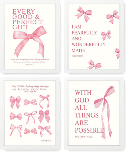 Coquette Yellow Bow Wall Art Decor Posters, Butter Yellow Bow Room Bedroom Bathroom Dorm Wall Art Decor Aesthetic for College Teen Girls Gifts, Inspirational Bible Verses Bow Wall Decor, 10x8 Inch Set of 4 Pcs Bow Pictures (UNFRAMED)