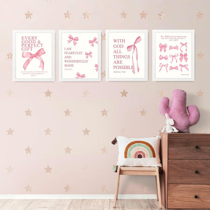 Coquette Yellow Bow Wall Art Decor Posters, Butter Yellow Bow Room Bedroom Bathroom Dorm Wall Art Decor Aesthetic for College Teen Girls Gifts, Inspirational Bible Verses Bow Wall Decor, 10x8 Inch Set of 4 Pcs Bow Pictures (UNFRAMED)