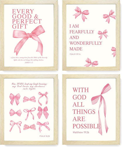 Coquette Yellow Bow Wall Art Decor Posters, Butter Yellow Bow Room Bedroom Bathroom Dorm Wall Art Decor Aesthetic for College Teen Girls Gifts, Inspirational Bible Verses Bow Wall Decor, 10x8 Inch Set of 4 Pcs Bow Pictures (UNFRAMED)