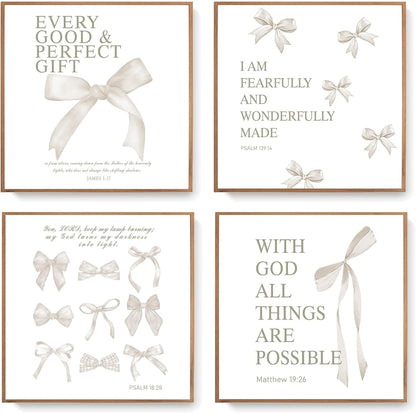 Coquette Yellow Bow Wall Art Decor Posters, Butter Yellow Bow Room Bedroom Bathroom Dorm Wall Art Decor Aesthetic for College Teen Girls Gifts, Inspirational Bible Verses Bow Wall Decor, 10x8 Inch Set of 4 Pcs Bow Pictures (UNFRAMED)