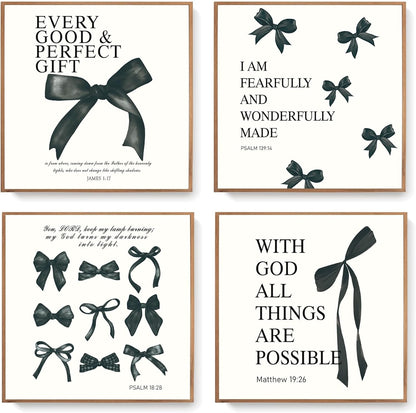 Coquette Yellow Bow Wall Art Decor Posters, Butter Yellow Bow Room Bedroom Bathroom Dorm Wall Art Decor Aesthetic for College Teen Girls Gifts, Inspirational Bible Verses Bow Wall Decor, 10x8 Inch Set of 4 Pcs Bow Pictures (UNFRAMED)